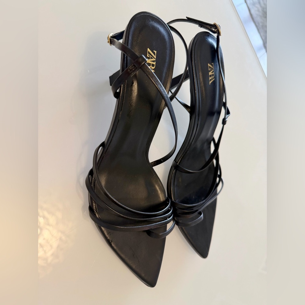 Zara Black Strappy Pointed Toe Heeled Sandals